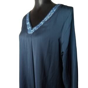 *SOLD*  Apt. 9 Midnight Blue Flowy Oversize Blouse w/Rhinestone Neckline - L